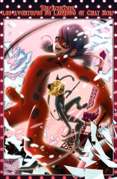 1boy 1girl animal_ears black_bodysuit black_mask blonde_hair blue_eyes blue_hair bodysuit cat_ears chat_noir dynamic_pose eiffel_tower english_text green_eyes highres kamikita_futago ladybug_(miraculous_ladybug) looking_at_viewer mask miraculous_ladybug open_mouth polka_dot smile superhero_costume twintails