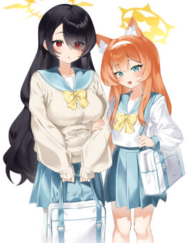 2girls absurdres animal_ear_fluff animal_ears bag black_hair blue_archive blue_eyes blue_sailor_collar blue_skirt blush bow breasts cardigan cat_ears cat_girl eyes_visible_through_hair flower grey_cardigan hair_between_eyes hair_flower hair_ornament hair_over_one_eye halo highres hinata_(blue_archive) holding holding_another&#039;s_arm holding_bag large_breasts long_hair mari_(blue_archive) mint_ch multiple_girls open_mouth orange_hair pleated_skirt red_eyes sailor_collar shirt sidelocks skirt white_bag white_flower white_shirt yellow_bow yellow_halo