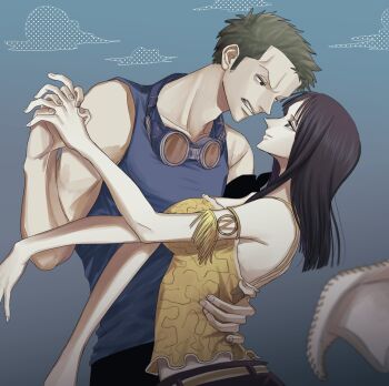 1boy 1girl bandana bandana_around_arm black_eyes black_hair blue_eyes blue_tank_top cloud commentary_request cowboy_hat extra_arms goggles goggles_around_neck green_hair hana_hana_no_mi hat highres long_hair nico_robin nico_robin_(skypiea) nsgw one_piece roronoa_zoro shirt short_hair skypiea sleeveless sleeveless_shirt smile tank_top teeth unworn_hat unworn_headwear white_hat white_headwear