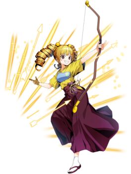 Rule 34 | 1girl, arrow (projectile), bow (weapon), brown eyes, brown gloves, brown hair, clenched teeth, drill hair, duel masters, duel masters deck development, duel masters play's, gloves, glowing arrow, hair ornament, hakama, hakama skirt, holding, holding bow (weapon), holding weapon, japanese clothes, kimono, looking at viewer, muneate, official art, red hakama, sandals, short sleeves, single glove, skirt, socks, solo, standing, standing on one leg, teeth, third-party source, transparent background, weapon, white socks, yaeko (duel masters), yellow kimono, zouri