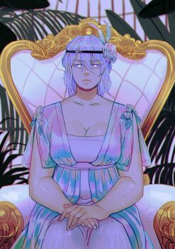 1920s_fashion 1girl breasts cleavage dress frown headband highres humanization lips looking_at_viewer original oskar_(sframboob) sframboob sitting solo straight-on