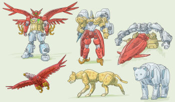 armor bear bird commentary_request drill_hand eagle full_body getter-1 getter-2 getter-3 getter_robo highres jaguar mecha mecha_focus mechanical_wings multicolored_armor multiple_heads multiple_wings niiyan non-humanoid_robot red_armor red_wings redesign robot robot_animal robot_bird super_robot white_armor wings yellow_armor