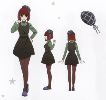 1girl absurdres arima_kana beret black_pantyhose bob_cut closed_mouth dress dress_over_shirt green_dress green_shirt hat highres inverted_bob looking_at_viewer non-web_source official_art oshi_no_ko pantyhose red_eyes red_hair reference_sheet scan self-scan shirt slippers white_background
