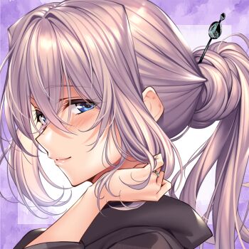 Rule 34 | 1girl, amakano ~second season~, blue eyes, blush, closed mouth, commentary request, cropped, eyes visible through hair, from side, hair between eyes, hair ornament, hair stick, hair up, holding, holding own hair, jewelry, kutsuno kanade, long hair, looking at viewer, looking to the side, official art, pink hair, piromizu, purple background, ring, smile, solo