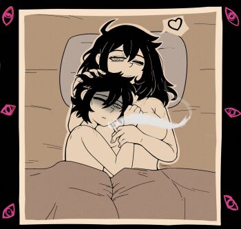 1boy 1girl aftersex andrew_graves bite_mark black_hair breasts cigarette cpt-pop green_eyes hand_on_another's_head heart highres holding holding_cigarette incest long_hair lying mother_and_son nude on_back one_eye_closed renee_graves smoke the_coffin_of_andy_and_leyley