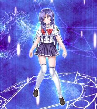 1girl blue_hair bow choker closed_eyes game_cg higuchi_isami hikarizaka_private_high_school_uniform large_variant_set long_hair magic_circle mahou_shoujo_sae murakami_shizuru non-web_source official_art pleated_skirt purple_hair school_uniform skirt solo thighhighs variant_set white_thighhighs zettai_ryouiki