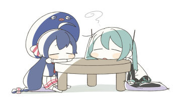 Rule 34 | 2girls, ahoge, aqua hair, arm rest, arms on table, blue hair, blue vest, blush stickers, bow, braid, chibi, chibi only, closed eyes, coffee table, cushion, detached sleeves, exhausted, full body, hair bow, hat, hatsune miku, head on table, head rest, long hair, long sleeves, low-braided long hair, low-tied long hair, multiple girls, necktie, no mouth, no nose, open mouth, otomachi una, pleated skirt, puffy short sleeves, puffy sleeves, red necktie, round table, shadow, short sleeves, sitting, skirt, squiggle, striped bow, table, torla16, twintails, vest, vocaloid, white background, wooden table, yokozuwari, zabuton