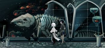 2boys arched_window black_hair black_pants borrowed_character broken_window bubble cobblestone commission deformed fish flonflonflon from_behind highres holding_hands multiple_boys no_lineart original pants pillar ruins scenery second-party_source skeleton surreal tabard white_hair white_tabard wide_shot window