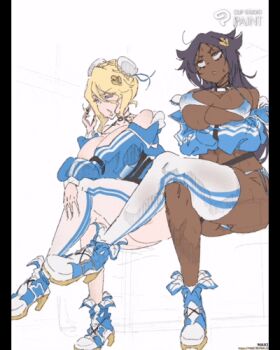 2girls bare_shoulders bleach blonde_hair boots breasts choker closed_eyes crossed_legs dark-skinned_female dark_skin jacket large_breasts matsumoto_rangiku maxi multiple_girls parted_bangs purple_hair shihouin_yoruichi thighhighs thighs white_thighhighs yellow_eyes
