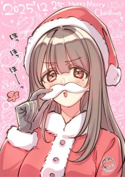 1girl 217find! animification artist_name black_gloves commentary_request dated doodle_background fake_facial_hair fake_mustache fur-trimmed_headwear fur-trimmed_jacket fur_trim gloves hanamiya_nina hanamiya_nina_(style) hat highres jacket long_sleeves looking_at_viewer meiji_(mosamoo3) merry_christmas mole mole_under_eye pink_background real_life red_hat red_jacket santa_costume santa_hat signature solo upper_body voice_actor