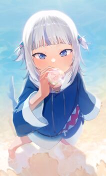 1girl absurdres backlighting beach blue_eyes blue_hoodie blunt_bangs fins fish_tail gawr_gura gawr_gura_(1st_costume) hair_ornament highres hk_(hk_0507) hololive hololive_english hood hoodie in_water long_sleeves looking_at_viewer multicolored_hair ocean outdoors shark_girl shark_hair_ornament shark_print shark_tail soap_bubbles solo standing streaked_hair tail two_side_up virtual_youtuber white_hair