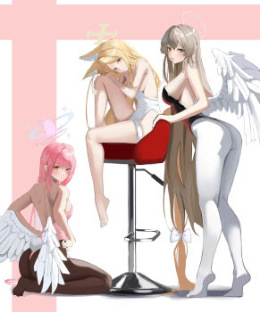 3girls absurdres alternate_costume animal_ear_fluff animal_ears bare_arms bare_legs bare_shoulders barefoot black_leotard blonde_hair blue_archive blush closed_mouth fake_tail feathered_wings fox_ears fox_girl fox_tail gim111035 hair_between_eyes halo highres leotard long_hair mika_(blue_archive) multiple_girls nagisa_(blue_archive) no_shoes nontraditional_playboy_bunny pantyhose parted_lips pink_hair pink_leotard purple_halo rabbit_tail seia_(blue_archive) seiza sidelocks sitting smile strapless strapless_leotard tail tea_party_(blue_archive) thigh_strap white_leotard white_pantyhose white_wings wings yellow_eyes yellow_halo