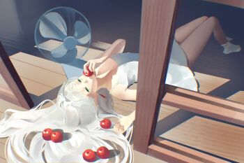 1girl absurdres apple bare_arms bare_shoulders breasts dress earrings electric_fan elf food frieren fruit full_body green_eyes grey_hair hair_intakes highres holding holding_food holding_fruit ikachyu jewelry long_hair looking_at_viewer lying no_shoes on_back parted_lips pointy_ears short_dress sleeveless sleeveless_dress small_breasts socks solo sousou_no_frieren spaghetti_strap sundress thick_eyebrows white_dress white_socks wooden_floor