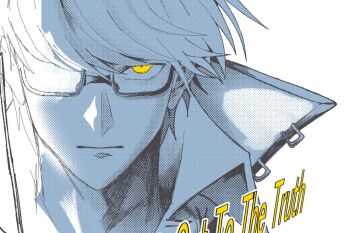 1boy :| alexxnohitter closed_mouth collared_shirt commentary cropped english_text glasses halftone jitome limited_palette looking_at_viewer male_focus narukami_yu opaque_glasses partially_opaque_glasses persona persona_4 popped_collar portrait shirt short_hair simple_background solo spot_color swept_bangs unfinished very_short_hair white_background yellow_eyes