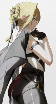 1girl ass black_gloves black_jacket black_pants blonde_hair chest_harness closed_mouth cowboy_shot earrings evelyn_chevalier from_side gloves hair_up harness highres holding holding_jacket holding_unworn_clothes jacket jacket_on_shoulders jewelry light_smile looking_ahead pants ring_hair_ornament shinarika396 shirt simple_background sleeveless sleeveless_shirt solo unworn_jacket white_background white_shirt zenless_zone_zero