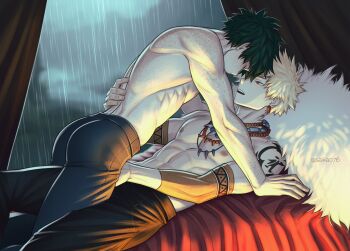 2boys boku_no_hero_academia_2nd_popularity_poll abs arm_freckles arm_tattoo ass back_freckles bakugou_katsuki bed black_pants blonde_hair body_freckles boku_no_hero_academia earrings freckles green_eyes green_hair highres jewelry lying male_focus midoriya_izuku multiple_boys necklace nipples official_alternate_costume on_back on_bed open_mouth pants pectorals rain red_eyes saika076 short_hair spiked_hair tattoo teeth toned toned_male topless_male upper_teeth_only yaoi
