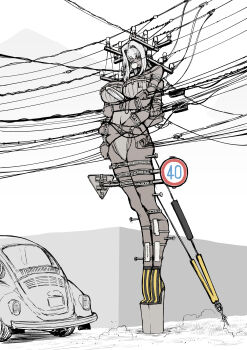 1girl absurdres antennae breasts cable car closed_eyes dust extra_arms full_body high_heels highres huge_breasts humanization lamppost light_particles momizi_kurihachi monster_girl motor_vehicle outdoors personification power_lines road_sign sign sketch sleeping snot_bubble solo speed_limit_sign tiptoes volkswagen white_hair