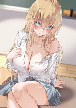 1girl blonde_hair blue_eyes blue_skirt blurry blurry_background blush breasts cleavage closed_mouth collarbone commentary_request hair_between_eyes highres indoors large_breasts looking_at_viewer off_shoulder onineko-chan original shirt sitting skirt teacher thighs white_shirt