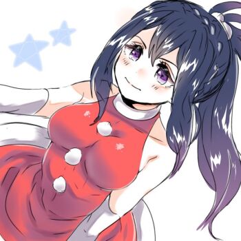 Rule 34 | 1girl, alternate costume, bare arms, bare shoulders, blue hair, braid, breasts, brown eyes, christmas, collarbone, commentary request, crown braid, dress, elbow gloves, fire emblem, fire emblem fates, from above, gloves, high ponytail, long hair, looking at viewer, medium breasts, nintendo, oboro (fire emblem), ponytail, santa costume, santa dress, sidelocks, skindentation, smile, ubsd18