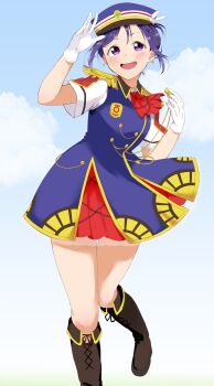 1girl absurdres alternate_hairstyle animal_print arms_at_sides artist_name artist_request ascot badge bare_legs black_boots blue_dress blue_hair blue_hat blue_skirt blue_vest blush boots collared_dress collared_shirt conductor dress dress_shirt earrings epaulettes feathers female_focus folded_ponytail frog_print from_side gloves hair_between_eyes hair_bun hair_up happy_party_train hat hat_feather highres holding holding_whistle jewelry knee_boots lace-up_boots long_hair looking_at_viewer love_live! love_live!_school_idol_festival love_live!_sunshine!! matsuura_kanan miniskirt neckerchief open_mouth parted_lips bad_tag peaked_cap plaid_clothes plaid_skirt pleated pleated_skirt ponytail purple_eyes purple_hair red_ascot red_neckerchief red_skirt salute shirt short_hair short_sleeves sidelocks single_hair_bun skirt smile solo train_conductor two_side_up vest whistle white_feathers white_gloves white_shirt white_skirt wing_collar