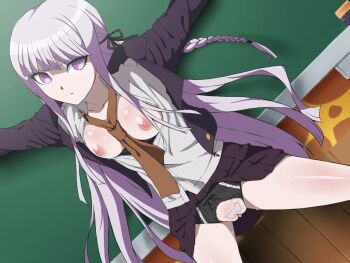 1girl angry bdsm black_panties bondage bound braid breasts breasts_out classroom crotchless crotchless_panties danganronpa_(series) decensored female_pubic_hair humiliation imminent_rape jacket kirigiri_kyoko long_hair medium_breasts necktie nipples non-web_source open_clothes open_jacket panties pleated_skirt pubic_hair purple_eyes purple_hair serious shirt single_braid skirt third-party_edit uguisu_(happy_turn) underwear white_shirt