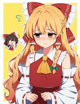 Rule 34 | 2girls, alternate costume, ascot, blonde hair, blush, bow, brown hair, commentary request, cosplay, detached sleeves, embarrassed, flying sweatdrops, frilled bow, frilled hair tubes, frills, green bow, hair bow, hair tubes, hakurei reimu, hakurei reimu (cosplay), highres, kirisame marisa, long hair, multiple girls, necono (nekonosora1207), open mouth, orange eyes, red bow, red skirt, ribbon-trimmed sleeves, ribbon trim, skirt, skirt set, smile, thumbs up, touhou, very long hair, yellow ascot