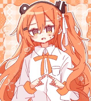 1girl @_@ a.i._voice adachi_rei alternate_costume alternate_hair_length alternate_hairstyle breast_pocket collared_shirt ganbaritaina_07 index_fingers_together long_hair long_sleeves looking_at_viewer neck_ribbon open_mouth orange_hair orange_ribbon outline pocket ribbon shirt solo tears upper_body utau white_outline white_shirt