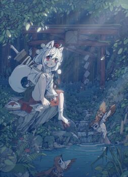 :o absurdres animal_ears asymmetrical_footwear barefoot bird bird_request black_skirt blush chinese_commentary detached_sleeves forest geta grass hat highres inubashiri_momiji leaf looking_at_viewer nature open_mouth overgrown plant pom_pom_hat_ornament pond red_eyes red_hat scenery shield shirt short_hair sitting skirt socks stairs stone_stairs sword tail tengu-geta tokin_hat torii touhou tree tseum turtleneck turtleneck_shirt two-tone_skirt vines water weapon white_hair white_shirt white_skirt white_sleeves white_socks wolf_ears wolf_girl wolf_tail