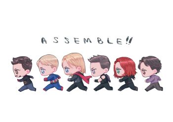 Rule 34 | 1girl, 5boys, animification, armor, avengers (series), bare shoulders, beard, belt, black armor, black bodysuit, black footwear, black pants, black shirt, black widow, blonde hair, blue bodysuit, blue eyes, blue pants, bodysuit, brown eyes, brown hair, bruce banner, cape, captain america, chibi, clenched hands, clint barton, closed mouth, commentary, english commentary, english text, facial hair, full body, gloves, green eyes, grey belt, grey footwear, grey pants, hawkeye (marvel), heart, heart in eye, highres, long sleeves, looking to the side, marvel, marvel, multiple boys, natasha romanoff, pants, purple eyes, purple shirt, red cape, red gloves, red hair, running, shirt, shoes, short hair, simple background, sleeveless, sleeveless shirt, smile, sparkling eyes, steve rogers, superhero costume, symbol in eye, the avengers (2012), thor (marvel), tony stark, v-shaped eyebrows, vertical-striped bodysuit, white background, xxviolet