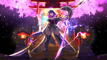1girl architecture blunt_bangs braid breasts cleavage commentary_request dawito east_asian_architecture electricity engulfing_lightning_(genshin_impact) full_body genshin_impact glowing glowing_eyes glowing_hair glowing_sword glowing_weapon gradient_hair hair_ornament head_tilt holding holding_weapon huge_breasts japanese_clothes katana kimono lingerie long_braid long_hair looking_at_viewer mole mole_under_eye multicolored_hair musou_isshin_(genshin_impact) neck_ribbon off_shoulder outdoors purple_eyes purple_hair purple_kimono raiden_shogun reaching reaching_towards_viewer red_ribbon red_sash ribbon sash single_braid solo sword thick_thighs thighs underwear weapon