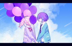 1boy 1other akiyama_mizuki aqua_cardigan balloon black_bow blue_hair blue_necktie blue_pants blue_skirt blue_sky bow bowtie cardigan chinese_commentary closed_mouth cloud collared_shirt commentary_request covered_face cumulonimbus_cloud day diagonal-striped_bow diagonal-striped_bowtie diagonal-striped_clothes diagonal-striped_necktie face-to-face from_side hair_bow high_side_ponytail highres holding_hands kamishiro_rui kamiyama_high_school_uniform_(project_sekai) laylayhappy letterboxed long_hair long_sleeves looking_at_another multicolored_hair necktie open_cardigan open_clothes outdoors pants pink_hair plaid_clothes plaid_skirt profile project_sekai puffy_long_sleeves puffy_sleeves purple_cardigan purple_hair red_bow red_bowtie red_necktie school_uniform shirt short_hair side_ponytail sidelocks skirt sky smile streaked_hair striped_bow striped_bowtie striped_clothes two-tone_hair upper_body white_shirt yellow_eyes