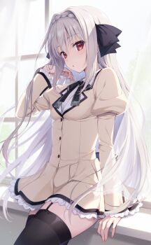 1girl arm_support black_bow black_neckerchief black_thighhighs blush bow braid breasts dress frilled_skirt frills garter_straps grey_hair hair_bow hair_ornament highres long_hair looking_at_viewer neckerchief original puffy_sleeves red_eyes sakurakouji_luna school_uniform sitting skirt small_breasts solo thighhighs tsuki_ni_yorisou_otome_no_sahou window yellow_dress yuzu_modoki