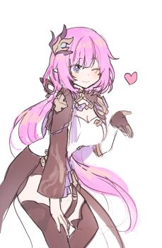 Rule 34 | 1girl, 5rwpvc, ;), absurdres, black boots, black gloves, black shorts, blue eyes, boots, breasts, commentary, corset, elf, elysia (honkai impact), elysia (miss pink elf) (honkai impact), gloves, hair ornament, heart, highres, honkai (series), honkai impact 3rd, large breasts, looking at viewer, one eye closed, pink hair, pointy ears, short shorts, shorts, shrug (clothing), simple background, single glove, smile, solo, symbol-only commentary, thighs, white background, white corset