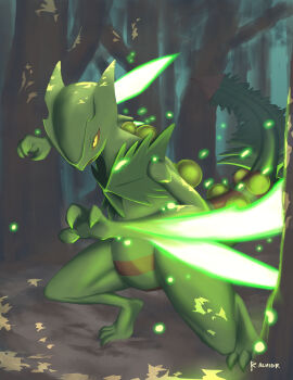 absurdres claws forest gen_3_pokemon glowing highres mega_pokemon mega_sceptile nature nintendo no_humans open_mouth pokemon pokemon_(creature) rlphlvr sceptile signature solo standing tree yellow_eyes