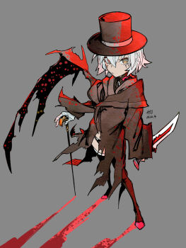 1girl absurdres backlighting bandaged_hand bandages black_boots black_thighhighs boots brown_coat brown_hat buttons cane coat colored_shadow commentary_request demon_wings facial_scar fate/grand_order fate/strange_fake fate_(series) from_above green_eyes hair_between_eyes hand_on_cane hat highres holding holding_knife jack_the_ripper_(fate/apocrypha) jack_the_ripper_(fate/strange_fake) jack_the_ripper_(first_ascension)_(fate) knife long_sleeves looking_at_viewer no_pants panties red_light sa10_e scar scar_across_eye scar_on_cheek scar_on_face shadow short_hair signature single_wing solo standing thigh_boots thighhighs top_hat torn_clothes torn_coat underwear upturned_eyes white_hair wings