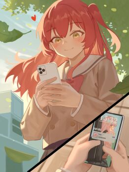 1girl blush bocchi_the_rock! bow bowtie brown_shirt cellphone closed_mouth commentary_request falling_petals female_pov gotoh_hitori gotoh_hitori_(octopus) heart highres holding holding_phone implied_yuri kita_ikuyo long_hair long_sleeves milktea_(gggrrr2000) one_side_up petals phone pov red_bow red_bowtie red_hair sailor_collar school_uniform serafuku shirt shuka_high_school_uniform smartphone white_sailor_collar yellow_eyes