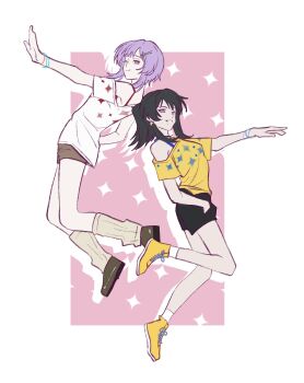 2girls :3 bang_dream! bang_dream!_it's_mygo!!!!! black_hair black_shorts bra_strap brown_leg_warmers brown_shoes brown_shorts closed_mouth earrings hero45439083942 highres jewelry leg_warmers medium_hair mole mole_under_eye multiple_girls open_mouth original purple_eyes purple_hair shiina_mirei shirt shoes shorts wakaba_muna white_shirt yellow_eyes yellow_shirt yellow_shoes