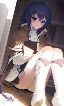 1girl absurdres ahoge black_skirt blue_eyes blue_hair book bookshelf boots braid brown_cloak cloak closed_mouth emduck flat_chest hair_between_eyes highres holding holding_book jacket knees_up library light_blush long_hair looking_at_viewer mushoku_tensei panties pantyshot roxy_migurdia sitting skirt solo sunlight twin_braids underwear very_long_hair white_boots white_jacket white_panties