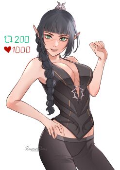 Rule 34 | 1girl, absurdres, baldur's gate, baldur's gate 3, beneceadraws, black hair, black pants, black shirt, blunt bangs, braid, braided ponytail, breasts, cleavage, closed mouth, commentary, elf, english commentary, fingernails, grin, hair ornament, highres, large breasts, like and retweet, long hair, looking at viewer, pants, pointy ears, scar, scar on face, shadowheart (baldur's gate), shirt, signature, simple background, sleeveless, sleeveless shirt, smile, solo, white background