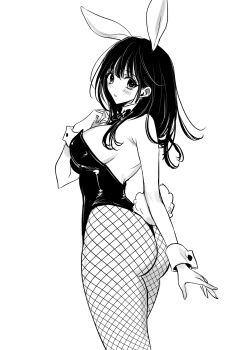 Rule 34 | 1girl, akiyama enma, animal ears, ass, blush, bow, bowtie, breasts, commentary request, detached collar, fake animal ears, fake tail, fishnet pantyhose, fishnets, greyscale, hand up, highres, kimi ni koisuru satsujinki, large breasts, leotard, long hair, looking at viewer, looking back, monochrome, official art, pantyhose, rabbit ears, rabbit tail, sideboob, simple background, solo, standing, strapless, strapless leotard, tail, white background, wrist cuffs, yoshizaki kokoa