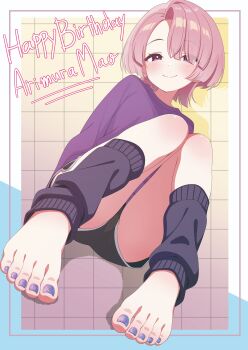 1girl absurdres arimura_mao barefoot blush brown_hair dolphin_shorts feet gakuen_idolmaster highres idolmaster leg_warmers looking_at_viewer medium_hair purple_eyes shorts smile toes toxic_pter