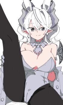Rule 34 | absurdres, animal ears, ascot, black pantyhose, breasts, collarbone, duel monster, highres, horns, large breasts, leg up, lovely labrynth of the silver castle, multiple horns, pantyhose, playboy bunny, pointy ears, spynai (klimatic), white background, white hair, yu-gi-oh!
