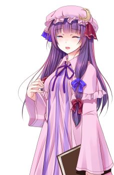 Rule 34 | 1girl, blue bow, book, bow, breasts, closed eyes, commentary request, cowboy shot, crescent, crescent hat ornament, crote, crying, dress, hair bow, hand up, hat, hat ornament, highres, holding, holding book, large variant set, long hair, long sleeves, mob cap, neck ribbon, parted lips, patchouli knowledge, pink hat, pink robe, purple hair, purple ribbon, red bow, ribbon, robe, solo, striped clothes, striped dress, tachi-e, teeth, touhou, transparent background, upper teeth only, variant set, vertical-striped clothes, vertical-striped dress