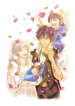 2boys 2girls age_difference aged_down baby blue_dress blue_hair breasts brother_and_sister carrying chrom_(fire_emblem) dress eyelashes falling_petals family father_and_daughter father_and_son female_robin_(fire_emblem) fingernails fire_emblem fire_emblem_awakening full_body hair_between_eyes hand_on_another&#039;s_shoulder hands_up happy highres husband_and_wife intelligent_systems jewelry lifting_person long_hair lucina_(fire_emblem) male_focus male_morgan_(fire_emblem) medium_breasts mother_and_daughter mother_and_son moverabbit0305 multiple_boys multiple_girls neck nintendo open_mouth petals piggyback ring short_hair short_sleeves siblings sidelocks size_difference sleeping standing swept_bangs tiara twintails upper_body wedding_ring white_background white_dress white_hair