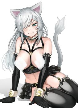 1girl absurdres animal_ears black_choker black_gloves black_skirt black_thighhighs blank_censor blue_eyes breasts cat_ears cat_girl cat_tail censored censored_nipples chest_harness choker closed_mouth commentary commission elbow_gloves english_commentary fang fang_out freckles frilled_choker frills garter_belt gloves hair_over_one_eye harness highres large_breasts leiden_yaegore long_hair looking_at_viewer microskirt midriff navel original parted_bangs simple_background skirt smile solo tail thighhighs white_background white_hair
