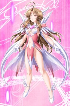 1girl ahoge antenna_hair blush breasts brown_hair closed_eyes game_cg gloves heart highres higuchi_isami kusunoki_sae legs long_hair magic_circle magical_girl mahou_shoujo_sae medium_breasts navel no_panties non-web_source official_art pink_background solo variant_set white_gloves wings