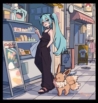 1girl amazu_(kurozu) aqua_eyes aqua_hair baggy_pants bare_shoulders black_pants black_tank_top donut eevee food gen_1_pokemon gen_2_pokemon hand_in_pocket hatsune_miku highres looking_at_another nintendo pants poke_ball_print pokemon pokemon_(creature) rare_candy shirt shop sleeveless sleeveless_shirt solo tail tail_wagging tank_top vocaloid wobbuffet