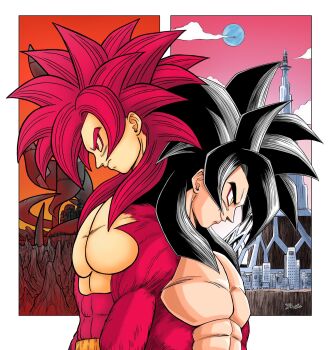 Rule 34 | 2boys, black hair, border, commentary request, dragon ball, dragon ball daima, dragon ball gt, from side, gakumanabu, highres, male focus, multiple boys, muscular, muscular male, profile, red eyes, red fur, red hair, son goku, spiked hair, super saiyan, super saiyan 4, topless male, white border, yellow eyes