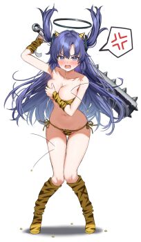 Rule 34 | 1girl, alternate costume, animal print, arm up, bikini, black halo, blue archive, blush, boots, breasts, club, club (weapon), collarbone, commentary, cone horns, covering breasts, covering privates, fake horns, floating hair, full body, hair floating upwards, hair ornament, halo, hand on own chest, hand up, highres, holding, holding club, holding weapon, horns, kanabou, knee boots, knees together feet apart, kuria (clear trip second), large breasts, long hair, looking at viewer, mamemaki, mechanical halo, navel, oni costume, open mouth, print bikini, print boots, print wrist cuffs, purple eyes, purple hair, setsubun, simple background, solo, soybean, standing, sweat, swimsuit, tiger print, triangle hair ornament, two side up, weapon, white background, wrist cuffs, yellow bikini, yellow wrist cuffs, yuuka (blue archive)