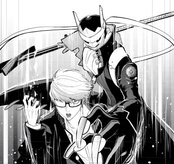 1boy bowl_cut gagao glasses izanagi_(persona_4) jacket long_sleeves male_focus mask monochrome narukami_yu persona persona_4 school_uniform shirt solo